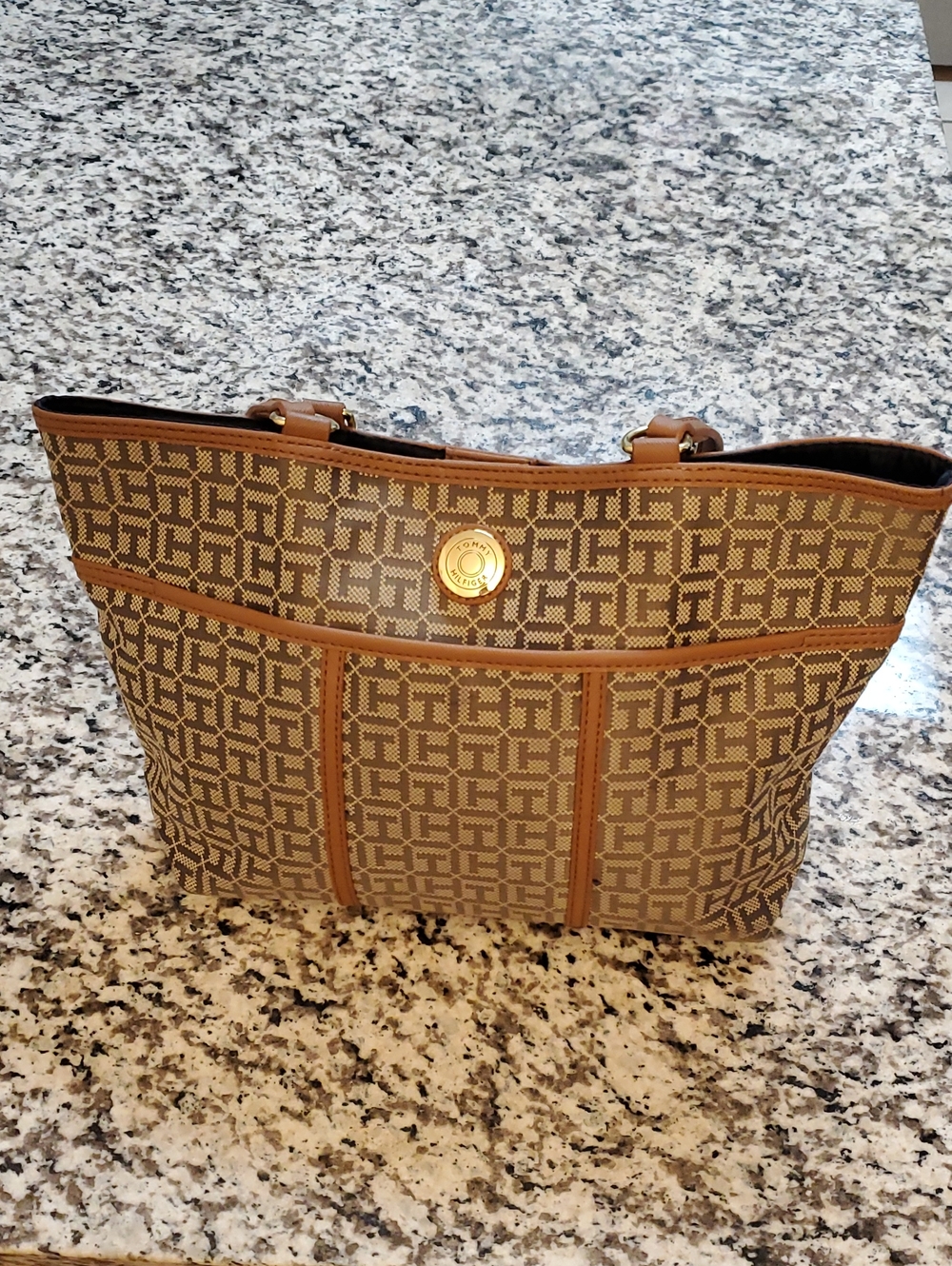 Tommy Hilfiger Tan Pattern Logo Tote with Gold Medallion